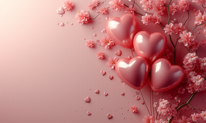 Romantic background with foil heart balloons, elegant pink flowers, glittering confetti on a soft background. Love banner concept for mother's day poster, woman's day background, valentines day card - 759248738