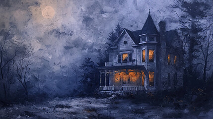 Haunted house at night with orange spooky lights on with copy space on the side