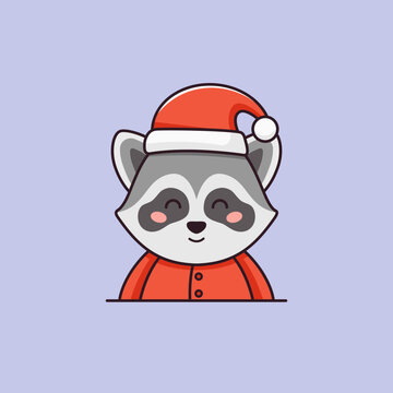 recommend clip art: Christmas vector flat illustration in cartoon style with cute little raccoon dressed in Santa Claus suit
