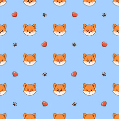 Obraz premium Vector seamless pattern with cute foxes, hearts love and footprints on blue background