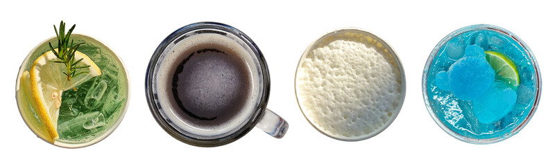 Top view of different beverages isolated against a plain background.