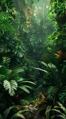 Dense tropical rainforest foliage with mist. Digital art style nature background. Jungle exploration and adventure concept for poster and wallpaper design