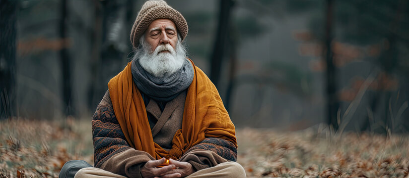 older man with white beard meditating in nature warmly dressed 