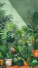 Lush indoor plant collection in a sunlit room with shadows. Home gardening concept illustration for poster or interior design