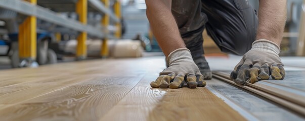 Close-up of hands placing wooden floor tiles. Detail-oriented work in carpentry and flooring installation for interior design projects