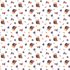 Seamless pattern with fresh figs, slices and glass jars with jam. Hand-drawn watercolor illustration. 