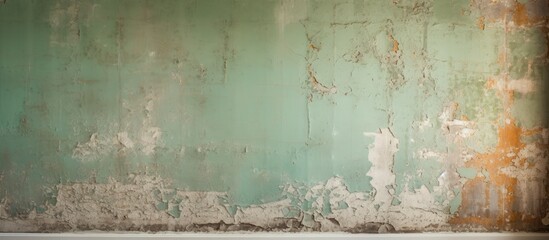 Shabby wall with remnants of green paint and torn brown wallpaper for interior renovation.