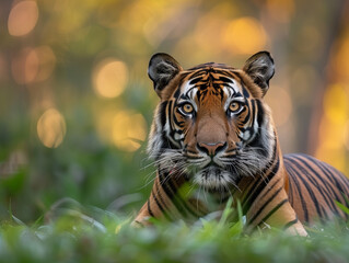 tiger in habitat, front view with bokeh background