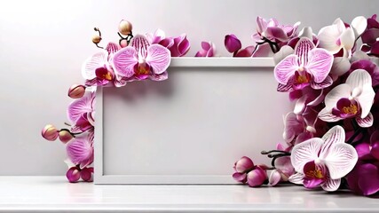 Frame with orchid flowers on white background. Nature copy space area background.	