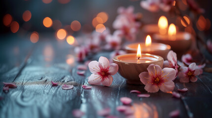 Tranquil spa background with lit candles and sakura cherry flowers. Luxury beauty spa salon background. Relaxation spa template