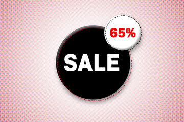 65 percent sale tag. Advertising for sales, promo, discount, shop. Sticker, button, icon
