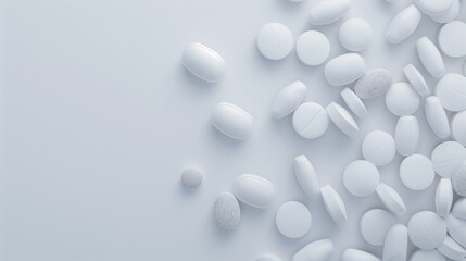 A pile of white pills on top of a table in a pharmacy or production setting - obrazy, fototapety, plakaty