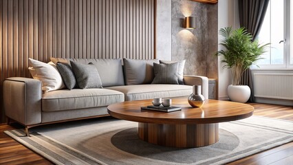 Fototapeta premium Elegant Modernity, Light Gray Sectional, Circular Wooden Coffee Table, Abstract Wall Display, generative ai