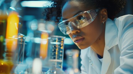 Concentrated African American scientist examining samples in a lab. Research and development in science concept for design and print