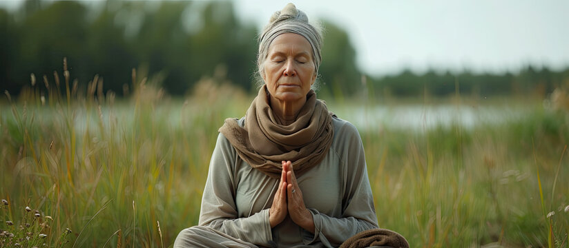 older woman meditating outside in nature with hands together in prayer 
