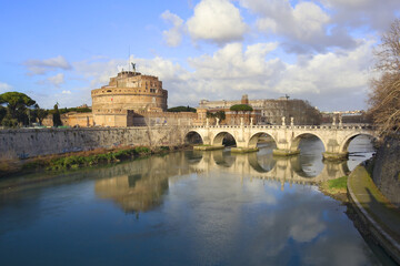 Castle of Sant'Angelo and the bridge over the Tiber River in Rome, Italy