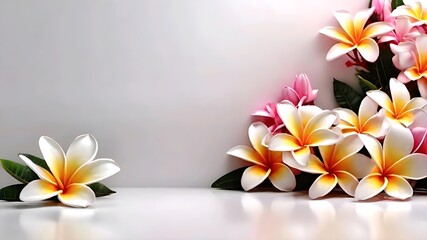 White wall background with tropical flowers. copy space area background.