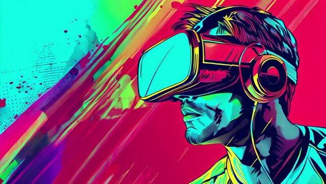 Pop art style animated illustration of man with virtual reality glasses.