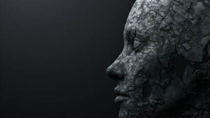 Grey head with depression on the right side at a dark background with copy space at the left created with Generative AI