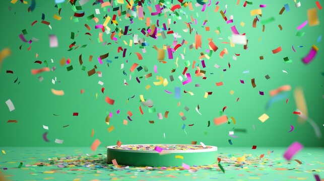confetti raining down on a podium set against a refreshing green studio background, generative ai