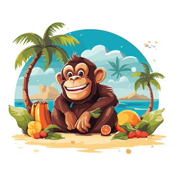 Illustration of a smiling monkey at the beach with