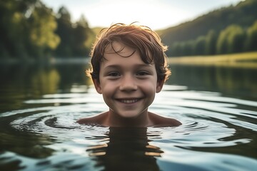 Selfie image of a happy young boy swim in the lake in middle of beautiful natural landscape