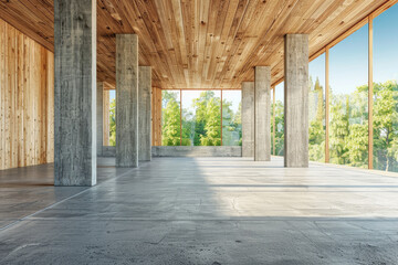 Perspective view of empty concrete floor with cement structure and wooden wall building exterior. 
