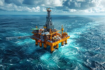 Offshore oil drilling rig in open ocean, marine fuel industry. - obrazy, fototapety, plakaty