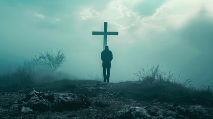 man praying in front of a cross, surrounded by a beautiful sunrise generative ai