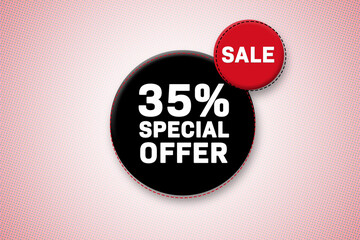 35 percent special offer tag. Advertising for sales, promo, discount, shop. Sticker, button, icon