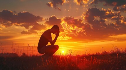 man praying in a sunrise, concept repentance and new life generative ai - obrazy, fototapety, plakaty