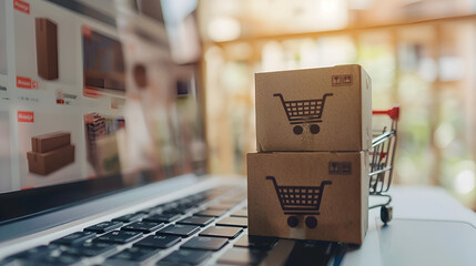 Shopping online. Cardboard box with a shopping cart logo in a trolley on a laptop keyboard payment by credit card and offers home delivery - Powered by Adobe