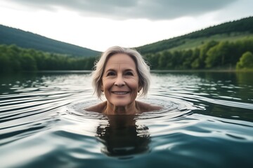 Selfie image of mature happy woman swim in the lake in middle of beautiful natural landscape