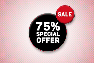75 percent special offer tag. Advertising for sales, promo, discount, shop. Sticker, button, icon
