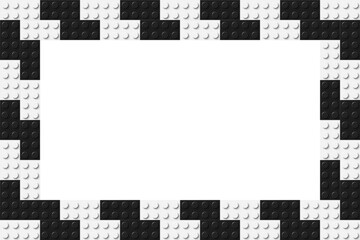 Simple frame composed of two rows of black and white toy blocks. Black and white brick banner. Abstract vector background - obrazy, fototapety, plakaty