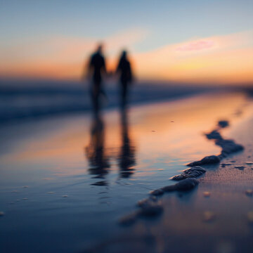 An intimate close-up photography of a couple holding hands and walking along a serene beach at dawn