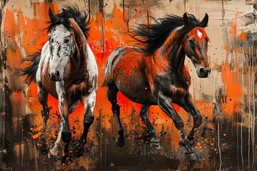 oil painting. Conceptual abstract picture of the horses. Oil painting in colorful colors. Conceptual abstract closeup of an oil painting and palette knife on canvas
