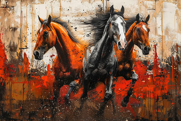 oil painting. Conceptual abstract picture of the horses. Oil painting in colorful colors....