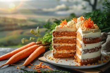 Carrot Cake, Sweet Orange Vegetable Dessert, Carrot Cake Closeup, Copy Space - obrazy, fototapety, plakaty