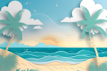 Fototapeta na wymiar Incredible bright tropical beach landscape with beautiful palm trees,bright sun,seagulls,coastal waves,paper cut style,tourism concept,travel,beach holidays,spa industry,relaxation