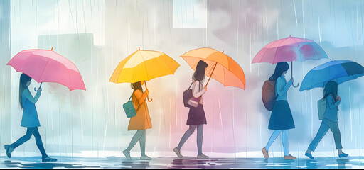 banner,live street scene on a rainy day, pedestrians with colorful umbrellas in their hands,flat watercolor illustration,