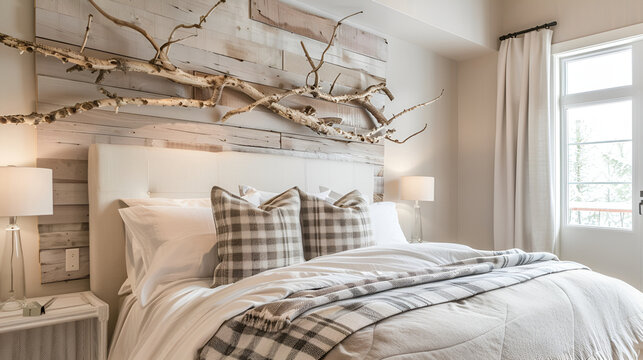 Rustic wooden branch wall decor over bed with white pillos and beige plaid. Farmhouse, country interior design of modern bedroom