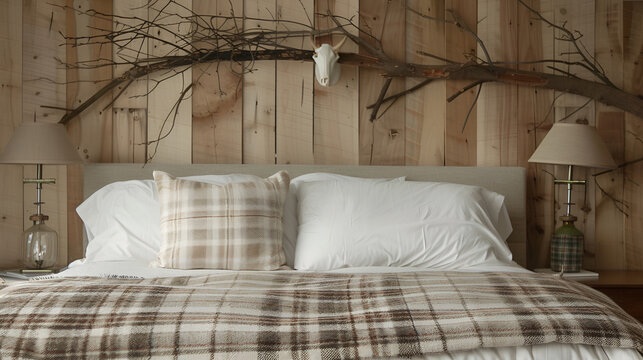 Rustic wooden branch wall decor over bed with white pillos and beige plaid. Farmhouse, country interior design of modern bedroom