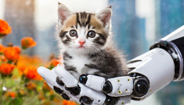 Generated image of robots hand holding a kitten