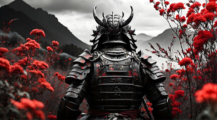 Samurai Warrior in a beautiful rose field, black and white and red roses. Beautiful Japanese background. Back perspective. Japanese Garden