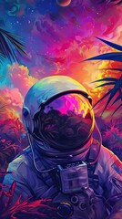 A detailed illustration of an astronaut exploring a strange and colorful alien world