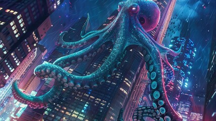 A giant squid with bioluminescent tentacles wraps around a futuristic skyscraper - obrazy, fototapety, plakaty