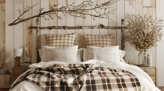 Rustic wooden branch wall decor over bed with white pillos and beige plaid. Farmhouse, country interior design of modern bedroom