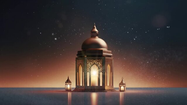 Arabic lantern lamp with light in 3 lanterns and sky background; is perfect for background projects; 4k virtual video animation.