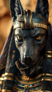 An imposing Anubis, the jackal-headed Egyptian god of the dead, stares directly forward with a fierce, angry expression